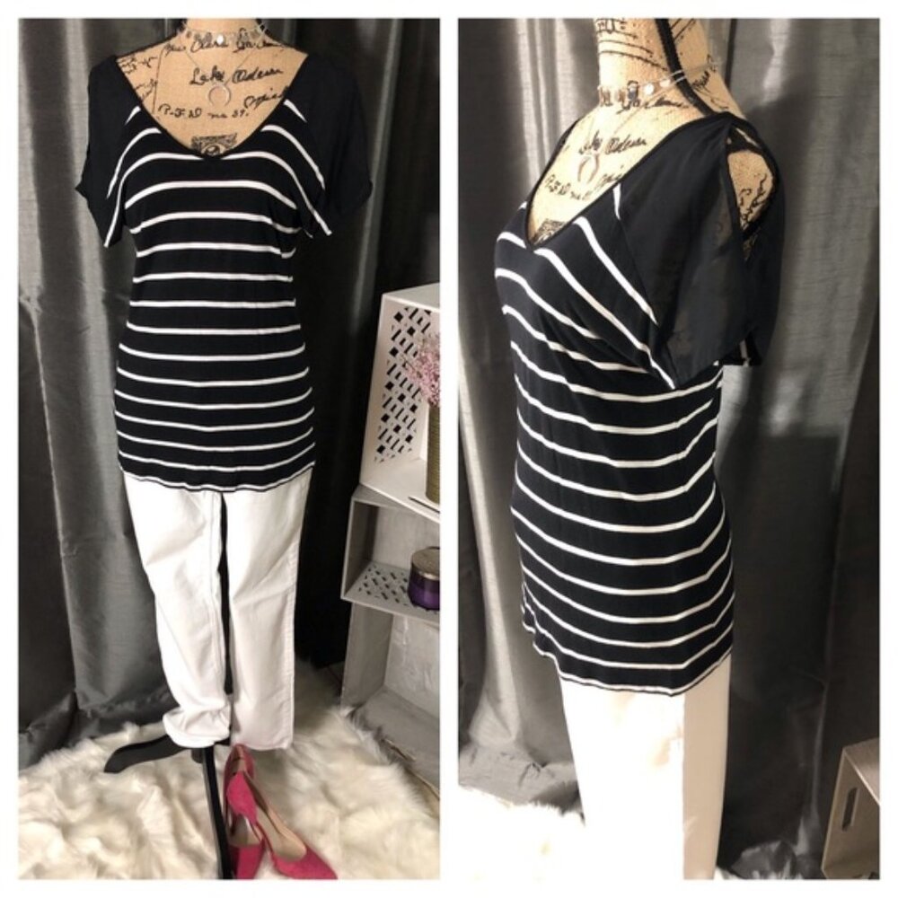 White House Black Market Stripe Open Sleeve Blouse